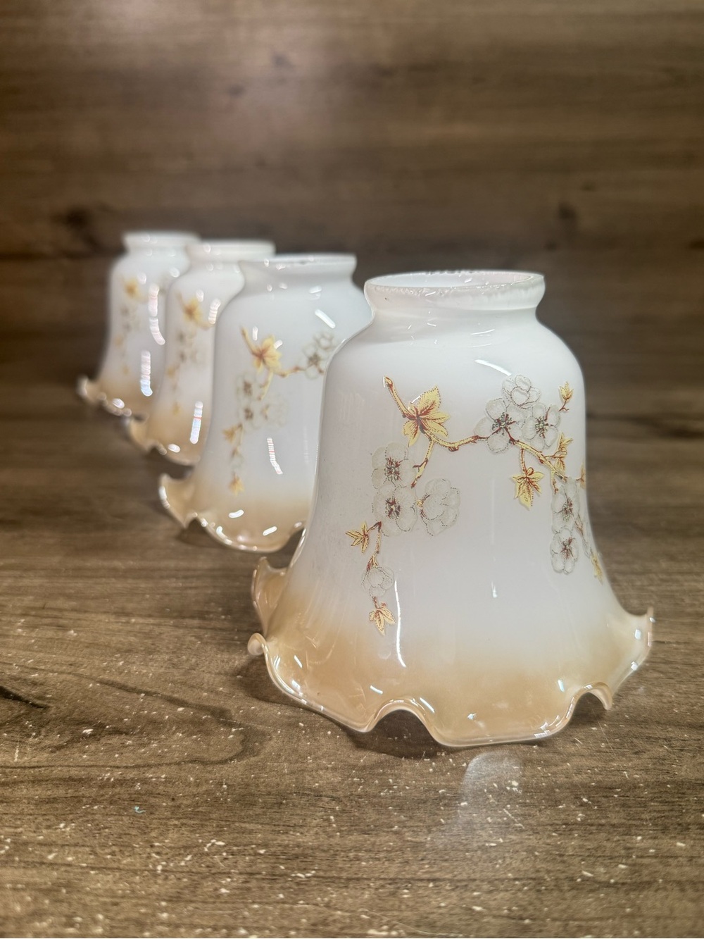 Vintage Milk Glass Dogwood Floral Lamp Shades Set of 4 Ruffled 2” Fitter